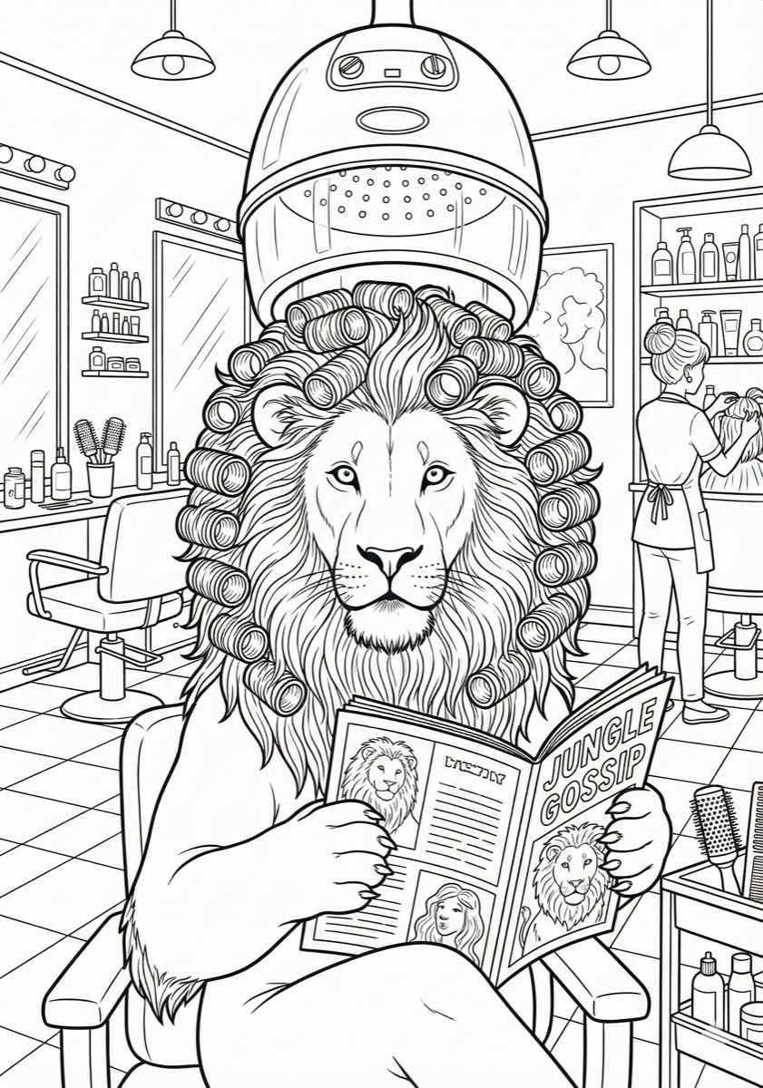 Lion with Curlers at Hair Salon Coloring Page