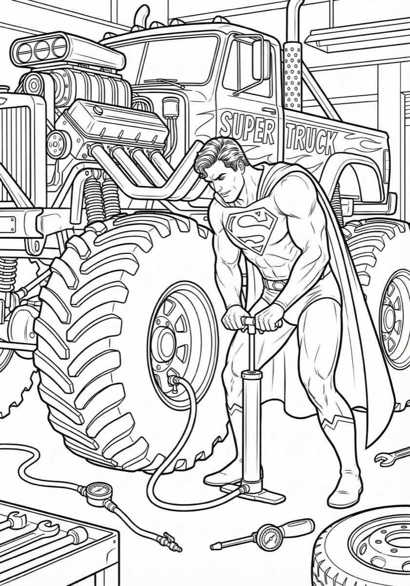 Superman pumping tire in monster truck
